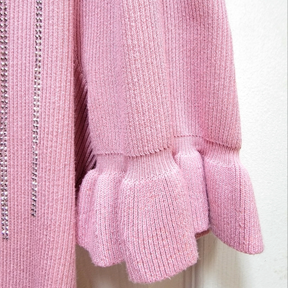 Madison Women's Rhinestone Ribbed Pink Ruffle Sleeve Knit Top Size XL - Picture 3 of 5